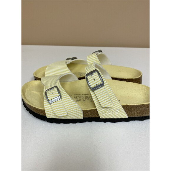 Birkenstock Birki’s  Aziza Yellow & White Stripe 2 Strap Sandals US 5 EU 36 - Picture 3 of 10